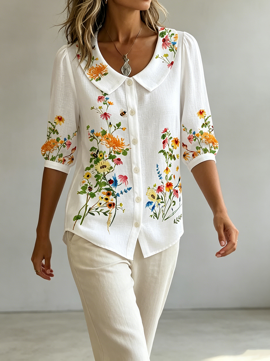 Mavessia - Damesblouse van katoen en linnen met artistieke vintage bloemenprint