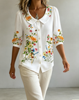 Mavessia - Damesblouse van katoen en linnen met artistieke vintage bloemenprint