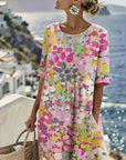 Averixa - Vrouwen midi-jurk met abstracte bloemenprint van katoen en linnen voor de zomer