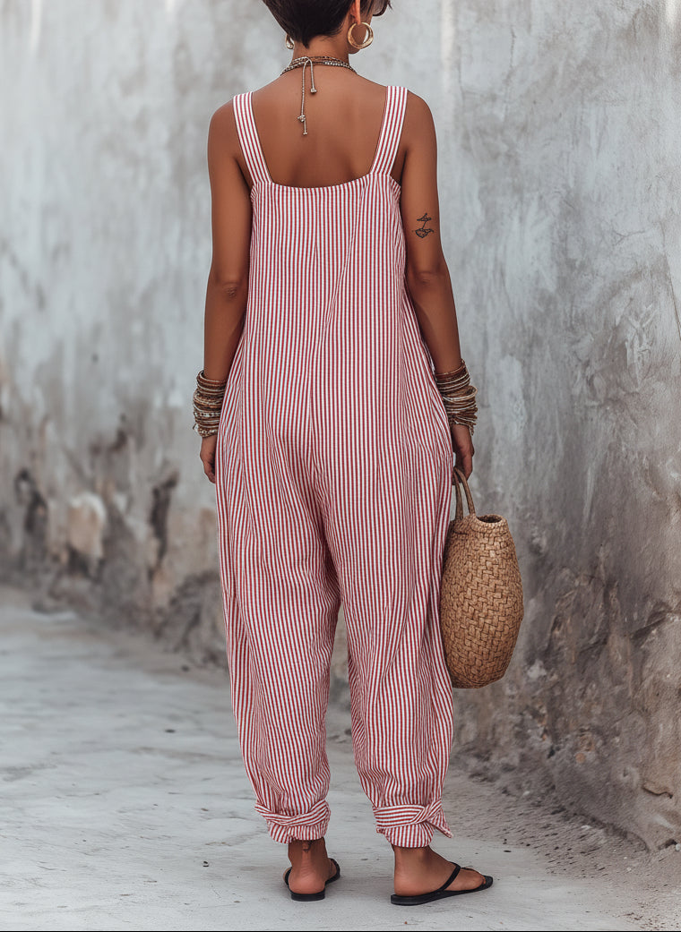 Pheralyn - Losse dames jumpsuit met minimalistische strepen en vierkante hals