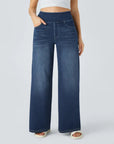 Ruvessa - Dames jeans met hoge taille brede pijpen zeer rekbaar moderne snit