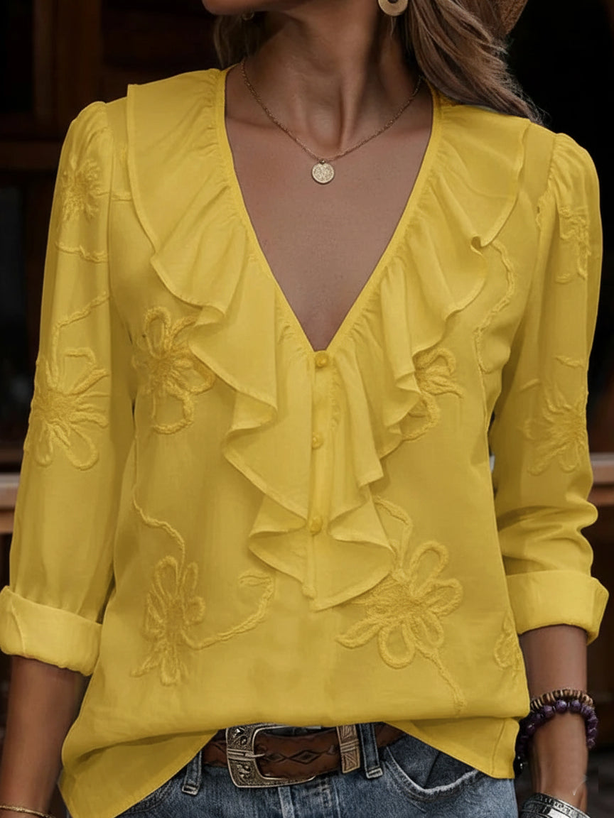 Myrella - Vintage Blouse met Volants en Bloemenborduursels