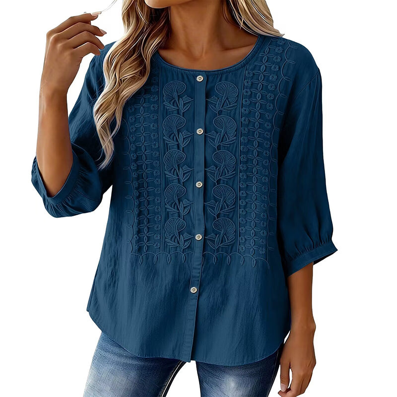 Sorivelle - Geborduurd damesblouse van katoen en linnen met 3/4 mouwen