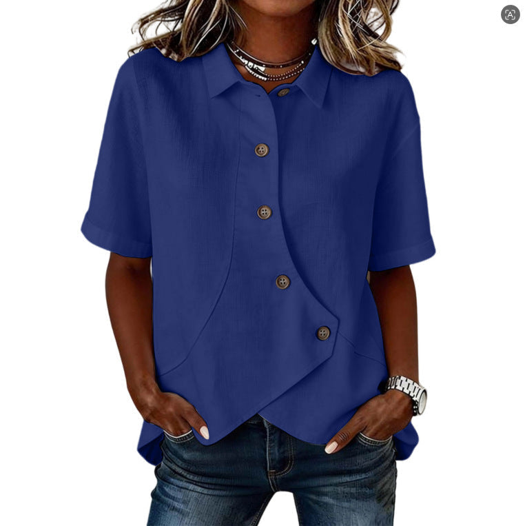 Aurelyth - Asymmetrische damesblouse met knopen en elegante gestructureerde kraag