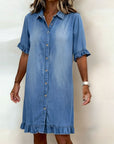Glytha - Dames Denim Jurk Met Knopen Volant Mouwen Rechte Casual Snit