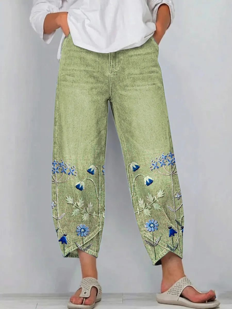 Fiorixa - Dames denim broek met borduurwerk in casual rechte snit