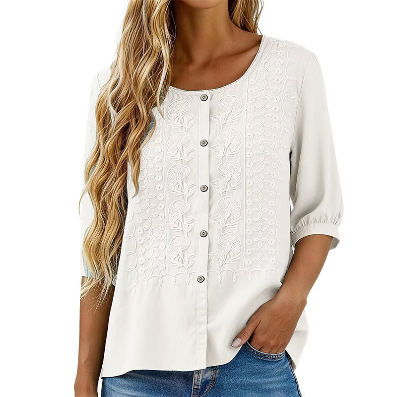 Sorivelle - Geborduurd damesblouse van katoen en linnen met 3/4 mouwen