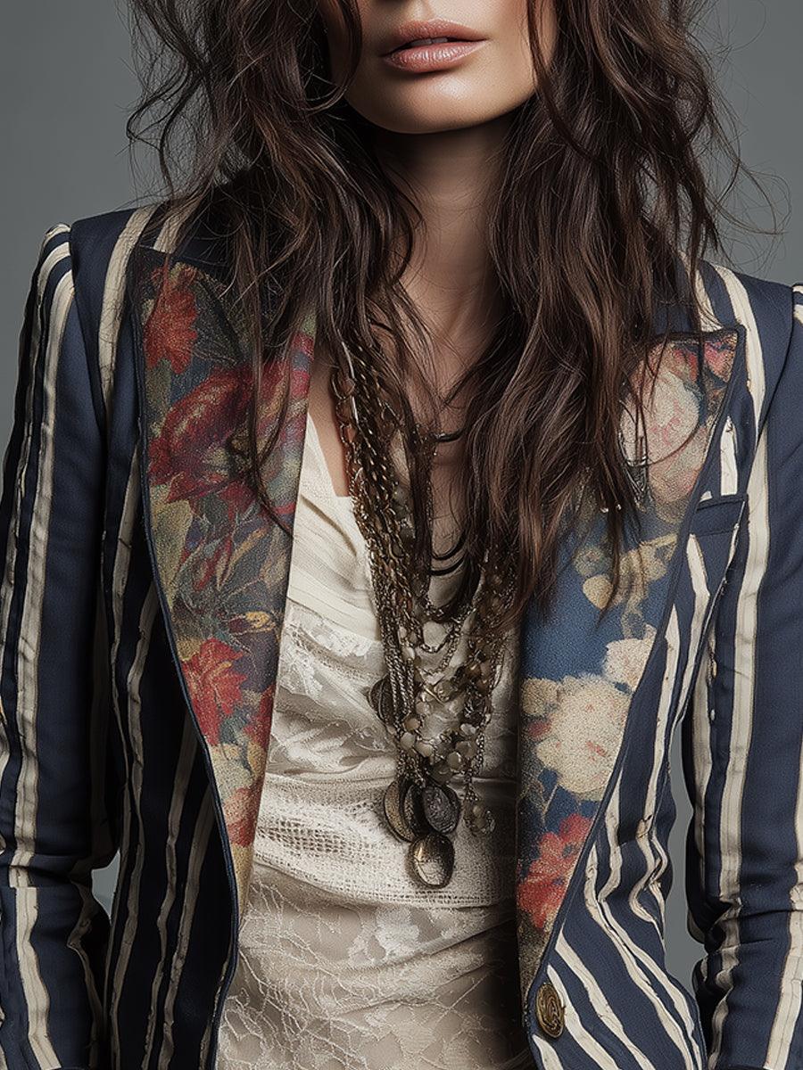 Avenorix - Gestreepte boheemse damesblazer met vintage bloemenprint