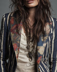 Avenorix - Gestreepte boheemse damesblazer met vintage bloemenprint