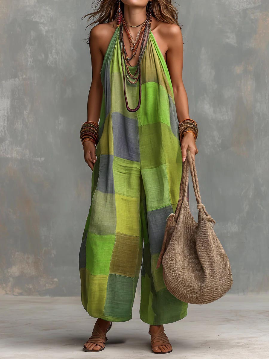 Izzorae - Dames patchwork jumpsuit ruime katoen linnen zomer strand