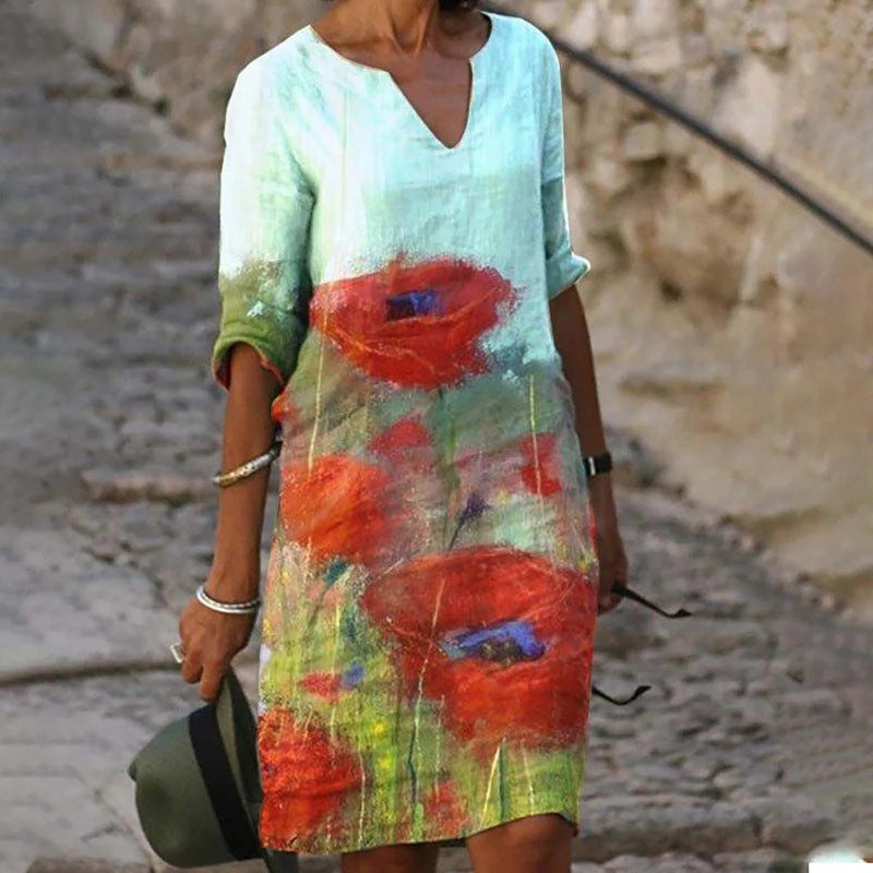 Jacqueline - Lente V-hals Drie-Kwart Mouwen Jurk