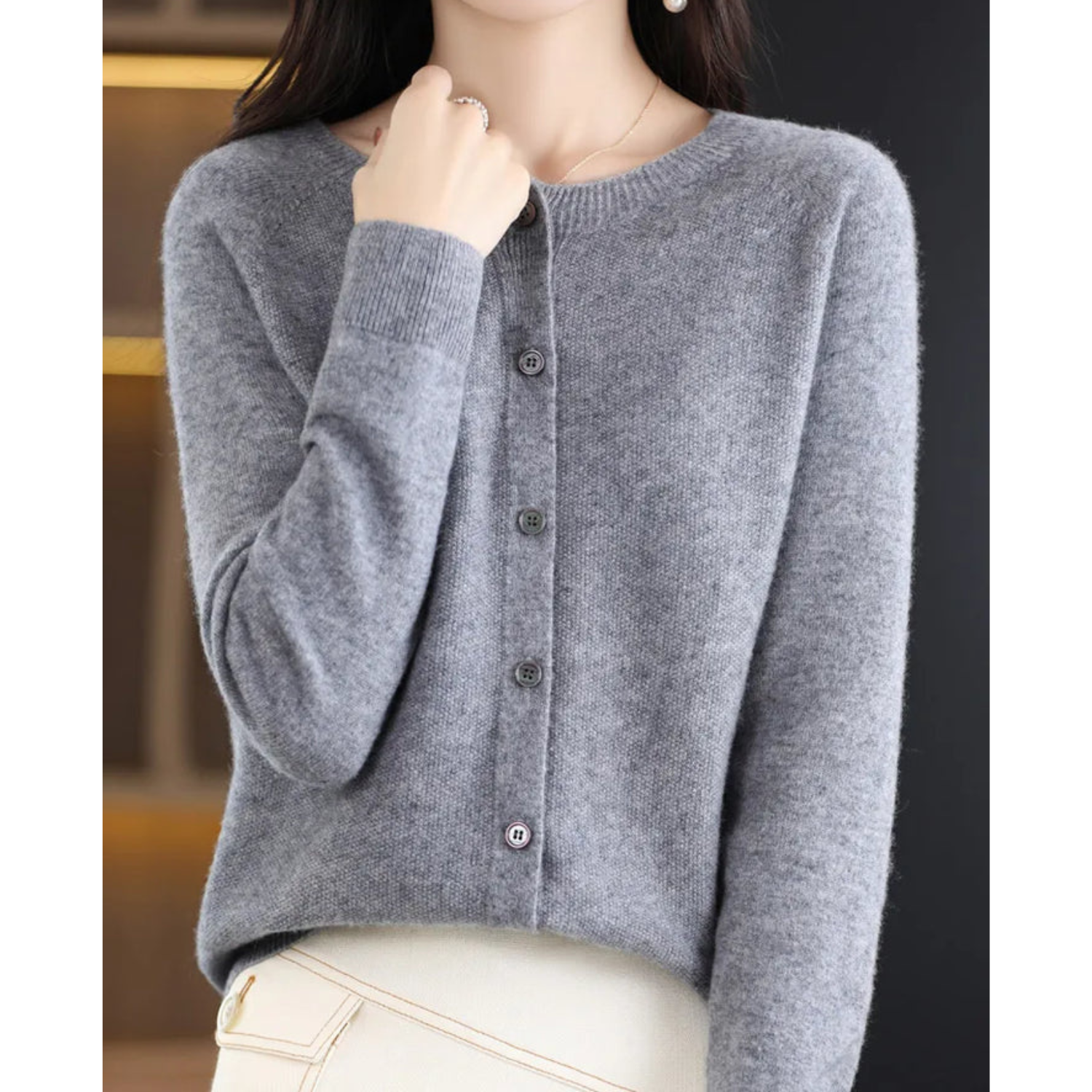 Elyse - 100% Pure Merino Wol Dames O-hals Cardigan Kasjmier Trui