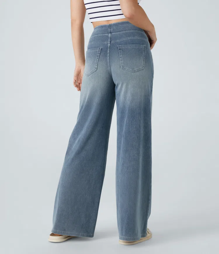 Ruvessa - Dames jeans met hoge taille brede pijpen zeer rekbaar moderne snit