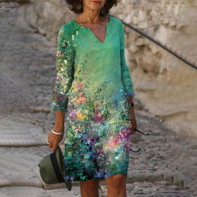 Jacqueline - Lente V-hals Drie-Kwart Mouwen Jurk