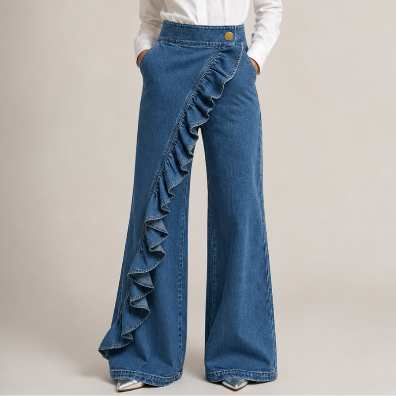 Izzavelle - Dames brede denim broek met asymmetrische volant in elegante culotte-stijl