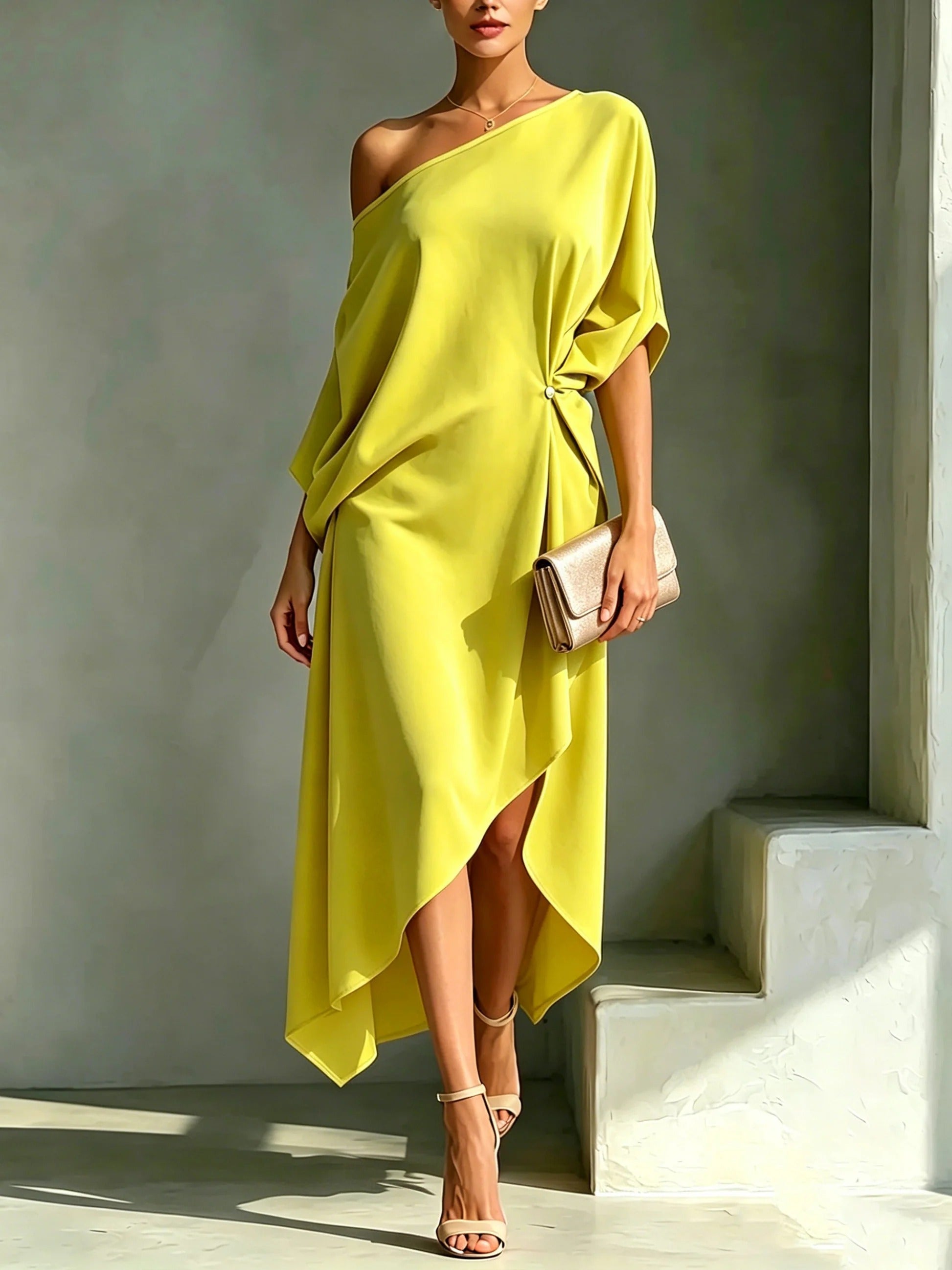 Helovyn - Elegante asymmetrische midi jurk voor dames met één schouder