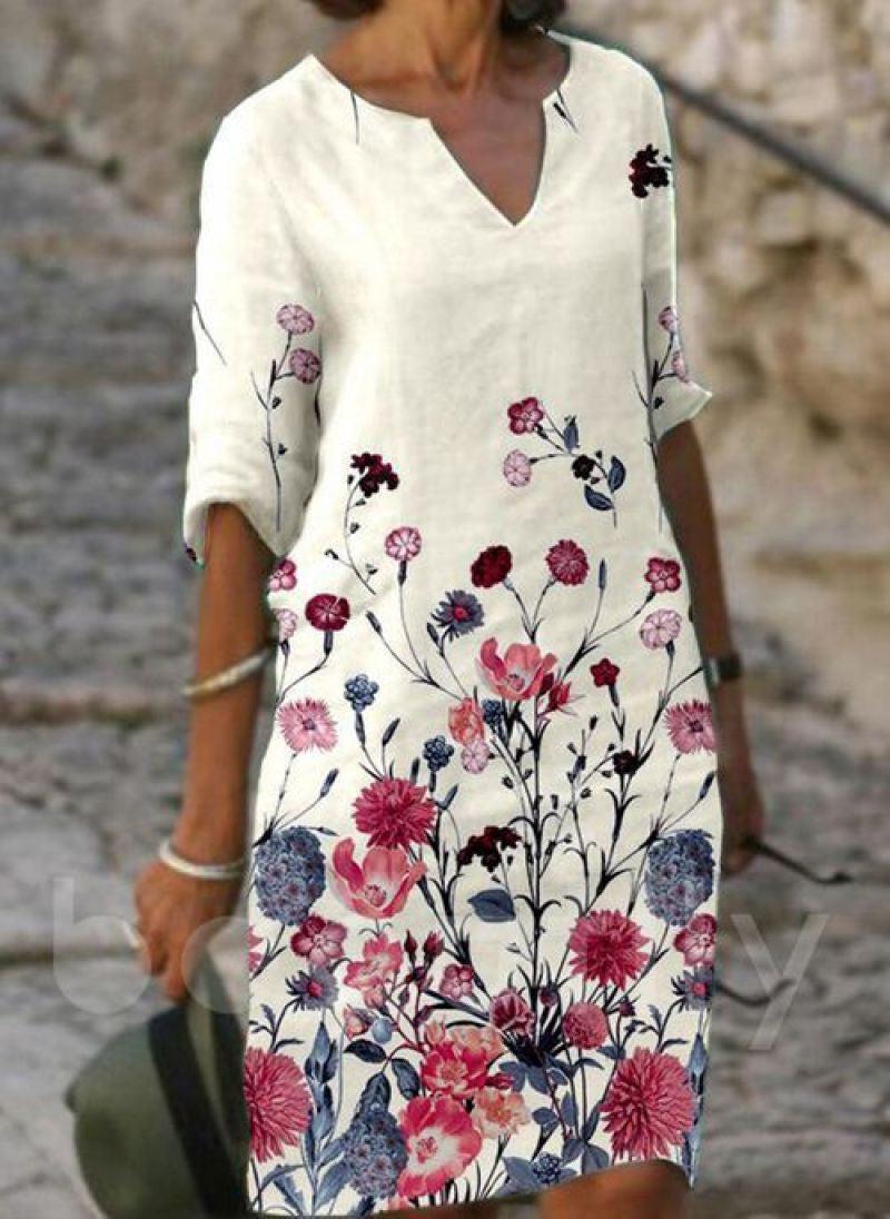 Jacqueline - Lente V-hals Drie-Kwart Mouwen Jurk
