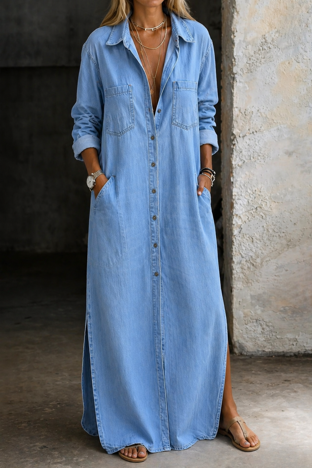 Jasmoria - Lange denim overhemd jurk voor dames