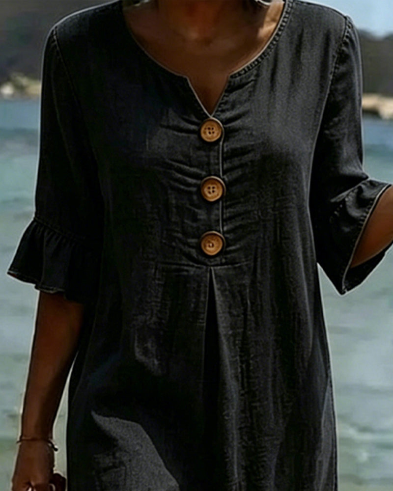 Fynorae - Dames jurk van denim met volantmouwen vloeiende snit zomer strand