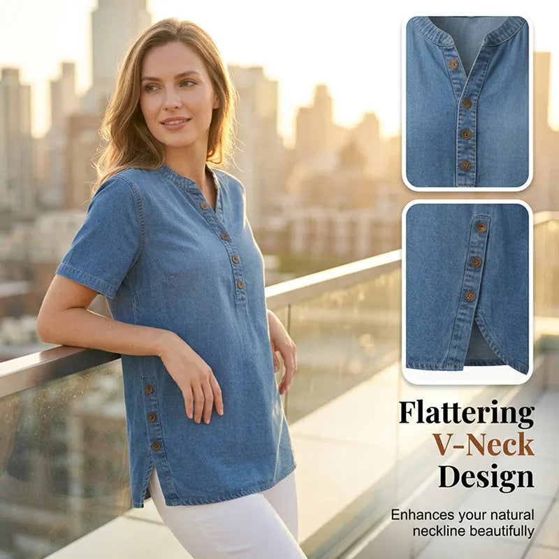 Kynessa - Lichte denim tuniek voor dames met korte mouwen en V-hals