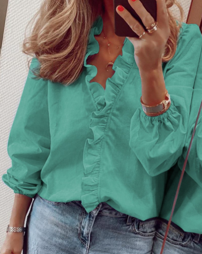 Nythera - Vrouwelijke Blouse met Volants V-Hals Lanternmouwen Elegant