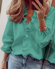 Nythera - Vrouwelijke Blouse met Volants V-Hals Lanternmouwen Elegant