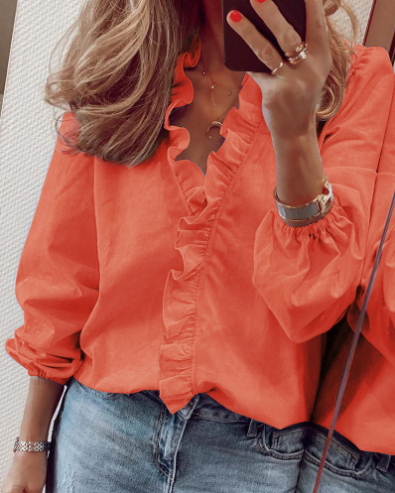 Nythera - Vrouwelijke Blouse met Volants V-Hals Lanternmouwen Elegant