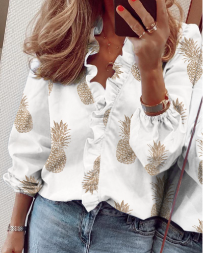 Nythera - Vrouwelijke Blouse met Volants V-Hals Lanternmouwen Elegant