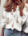 Nythera - Vrouwelijke Blouse met Volants V-Hals Lanternmouwen Elegant