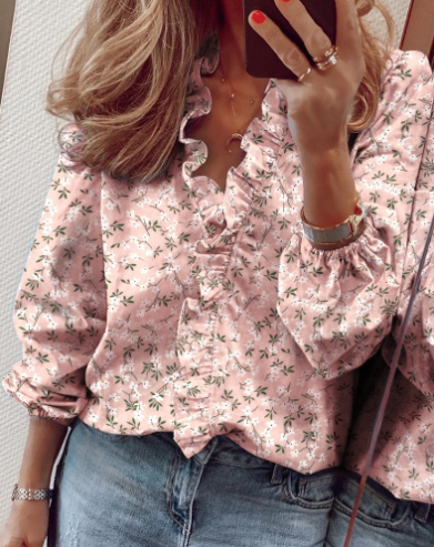 Nythera - Vrouwelijke Blouse met Volants V-Hals Lanternmouwen Elegant