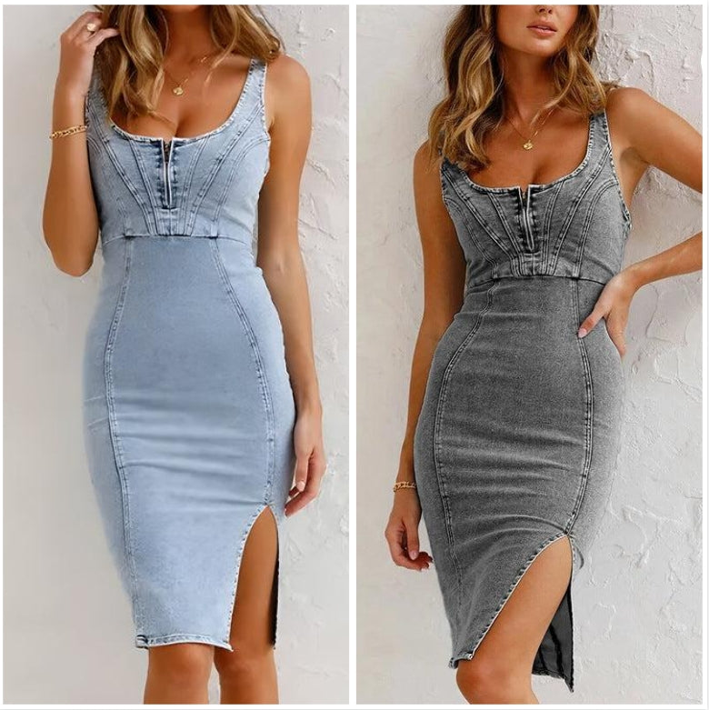 Estelle - Bodycon Denim Jurk met U-Vormige Hals en Split met Verstelbare Bandjes