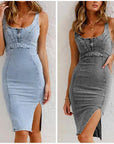Estelle - Bodycon Denim Jurk met U-Vormige Hals en Split met Verstelbare Bandjes