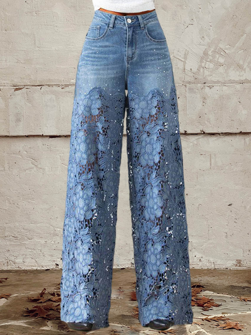Lisandra - Halfhoge jeans met kant en patchwork voor een casual en trendy stijl
