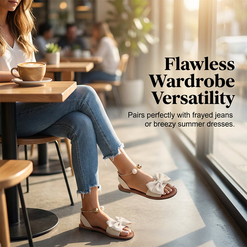 Jaxoria - Vrouwen platte sandalen met decoratieve strik en parels