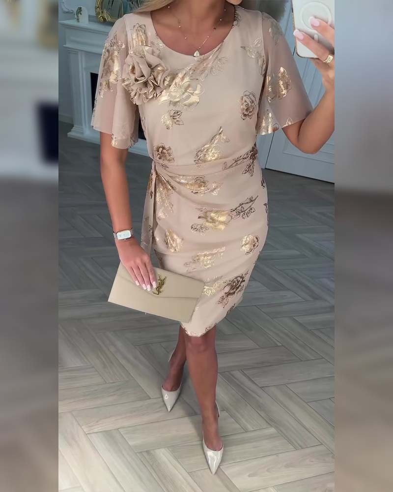 Dorevina - Elegante dames jurk met bloemenprint, korte mouwen en getailleerde pasvorm