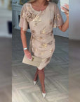 Dorevina - Elegante dames jurk met bloemenprint, korte mouwen en getailleerde pasvorm