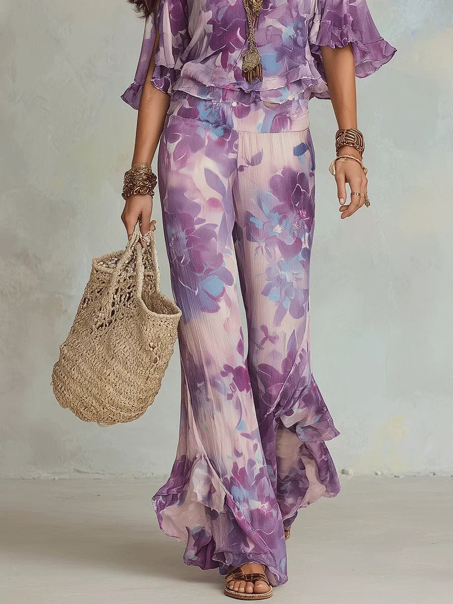 Brynora - Vrouwen tweedelige set bloemen top met V-hals en flared broek met volants