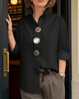 Kaeloria - Elegante Blouse van Katoen en Linnen met Metalen Knopen