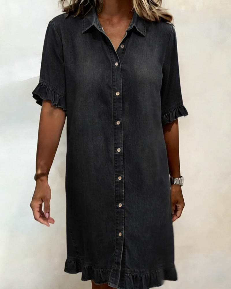 Glytha - Dames Denim Jurk Met Knopen Volant Mouwen Rechte Casual Snit