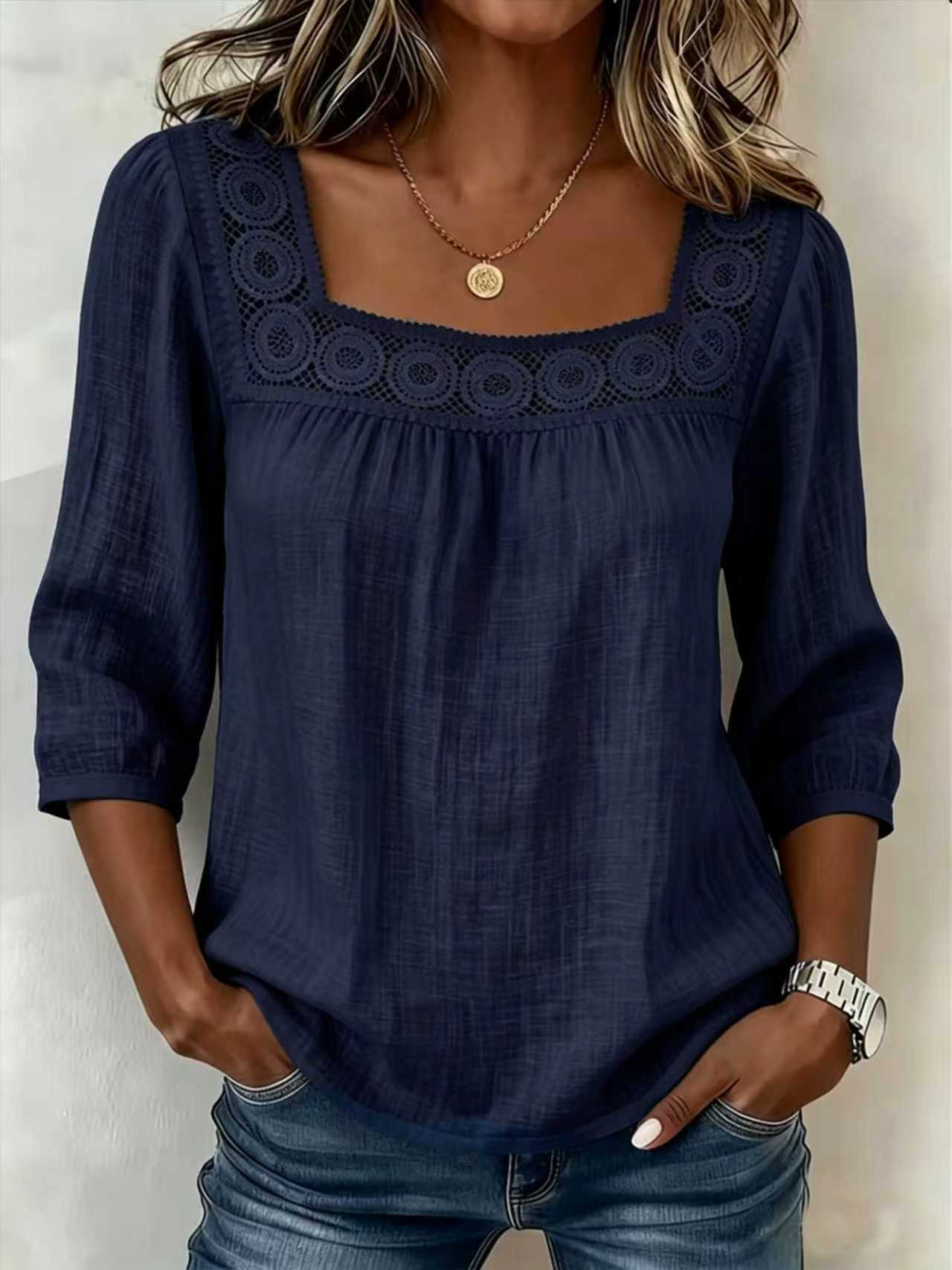 Myzaria - Damesblouse met vierkante halslijn en elegante kant