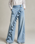 Izzavelle - Dames brede denim broek met asymmetrische volant in elegante culotte-stijl