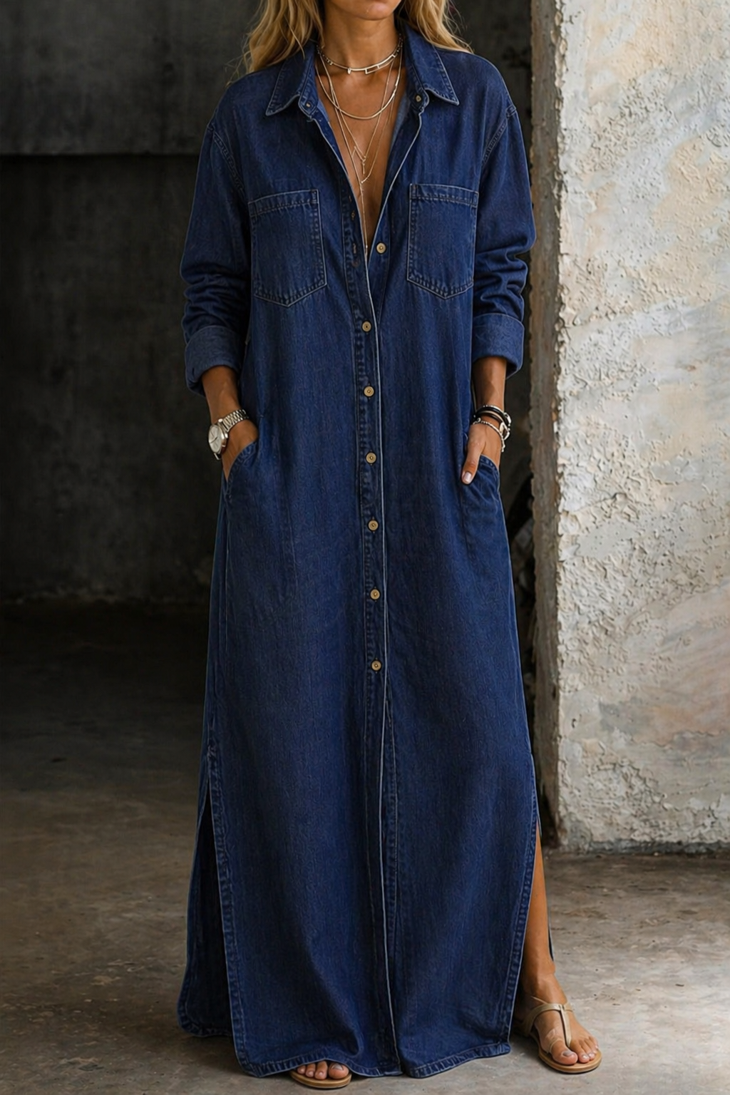 Jasmoria - Lange denim overhemd jurk voor dames