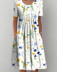 Aurexia - Vrouwelijke Plissé Jurk met Korte Mouwen, Vloeiende Snit, Elegante Bloemenprint