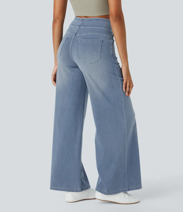 Ruvessa - Dames jeans met hoge taille brede pijpen zeer rekbaar moderne snit