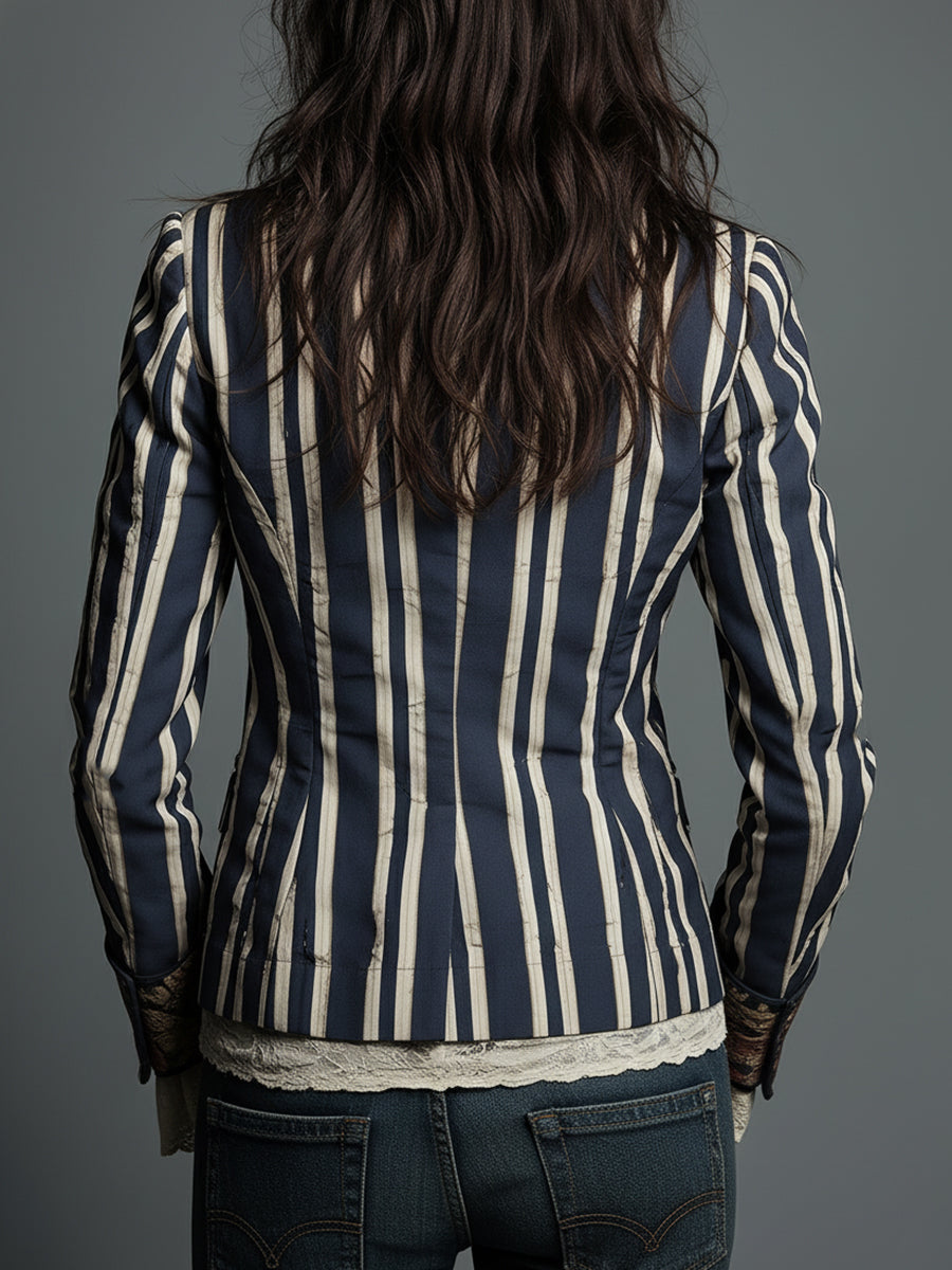 Avenorix - Gestreepte boheemse damesblazer met vintage bloemenprint