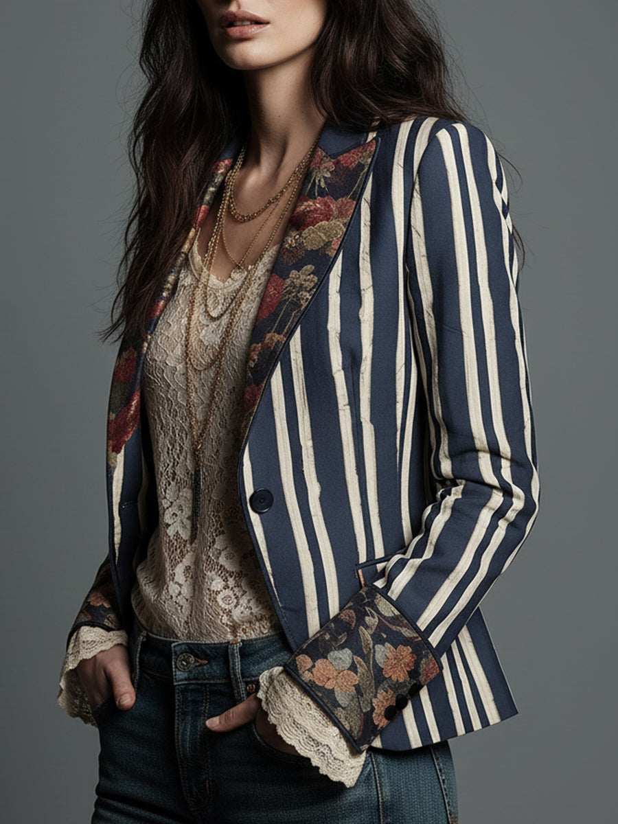 Avenorix - Gestreepte boheemse damesblazer met vintage bloemenprint