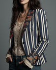 Avenorix - Gestreepte boheemse damesblazer met vintage bloemenprint