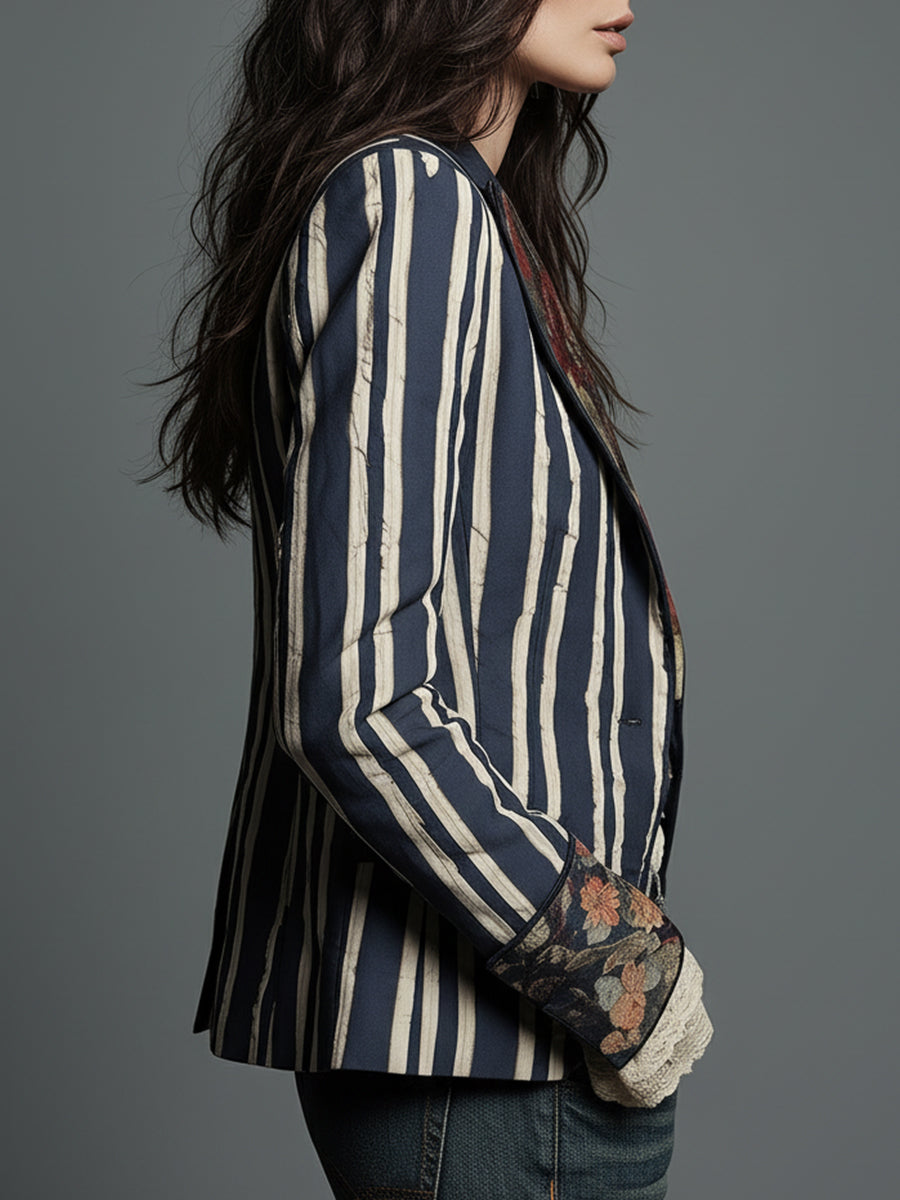 Avenorix - Gestreepte boheemse damesblazer met vintage bloemenprint