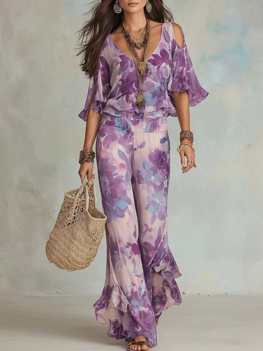 Brynora - Vrouwen tweedelige set bloemen top met V-hals en flared broek met volants