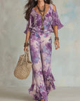 Brynora - Vrouwen tweedelige set bloemen top met V-hals en flared broek met volants